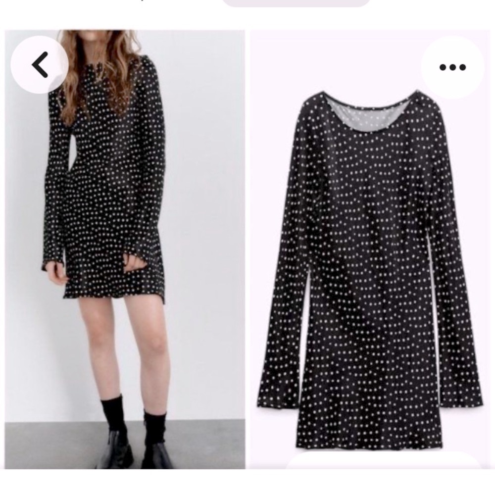 ZARA NWT Polka Dot Satin Midi Dress Black White Long Sleeve Medium 4661/212